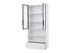 Vitrina alta 80x34x180 cm blanca con cajón, puertas de cristal e iluminación LED