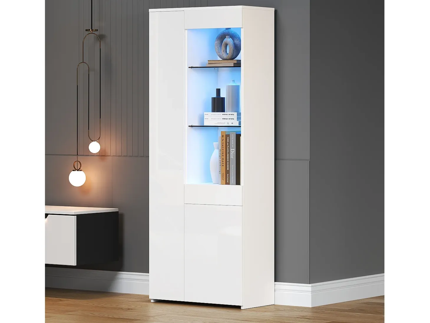 Vitrina alto brillo 70×35×180 cm - con iluminación LED - 2 puertas y 1 cajón - blanco