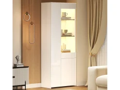 Vitrina alto brillo 70×35×180 cm - con iluminación LED - 2 puertas y 1 cajón - blanco