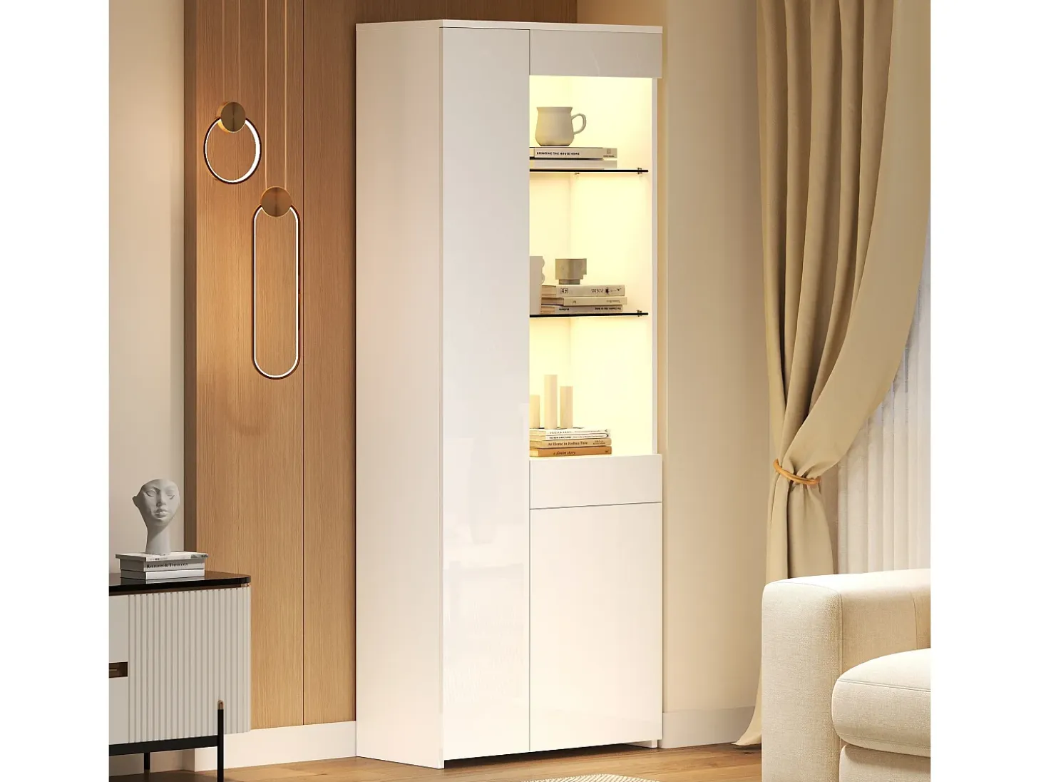Vitrina alto brillo 70×35×180 cm - con iluminación LED - 2 puertas y 1 cajón - blanco