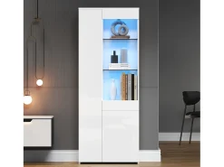 Vitrina alto brillo 70×35×180 cm - con iluminación LED - 2 puertas y 1 cajón - blanco