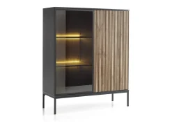 Vitrina baja moderna con frente acanalado, 104×126×39 cm, Negro / Roble Wotan