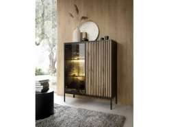 Vitrina baja moderna con frente acanalado, 104×126×39 cm, Negro / Roble Wotan