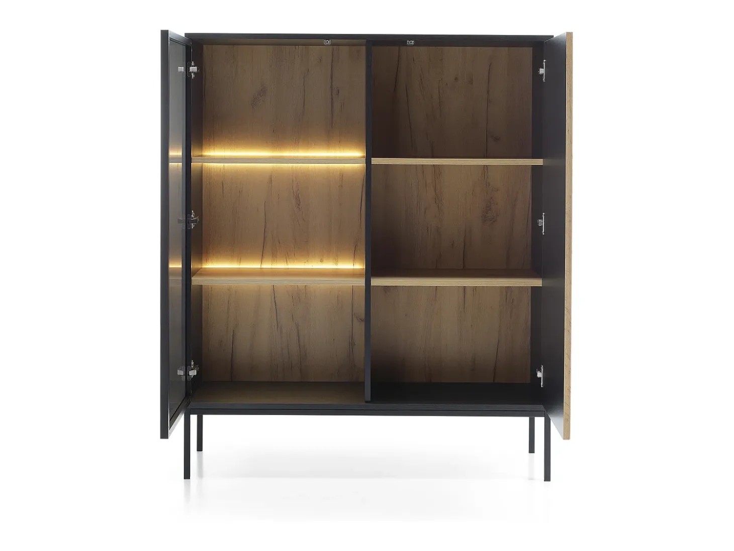 Vitrina baja moderna con frente acanalado, 104×126×39 cm, Negro / Roble Wotan