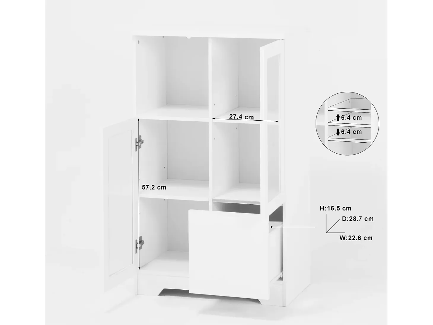 Vitrina blanca - Mueble de comedor con 2 puertas y 1 cajón - Almacenaje abierto - para dormitorio y salón