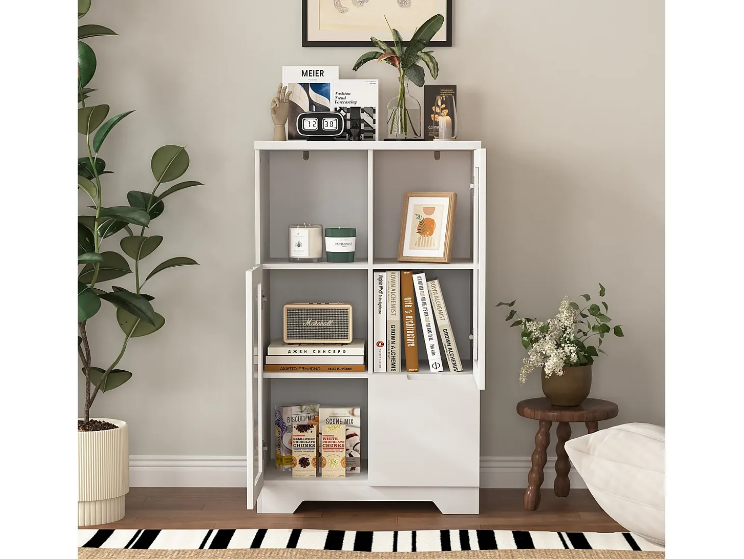 Vitrina blanca - Mueble de comedor con 2 puertas y 1 cajón - Almacenaje abierto - para dormitorio y salón