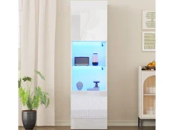 Vitrina blanca brillante con iluminación LED, estante de cristal, MDF, (45x35x160 cm)