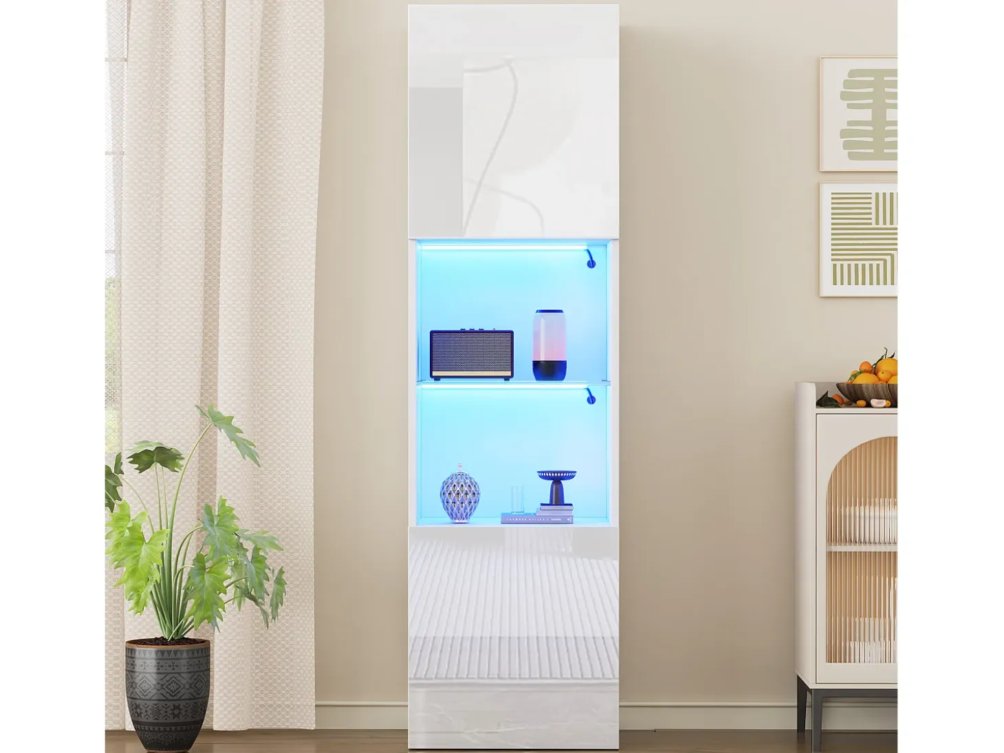 Vitrina blanca brillante con iluminación LED, estante de cristal, MDF, (45x35x160 cm)