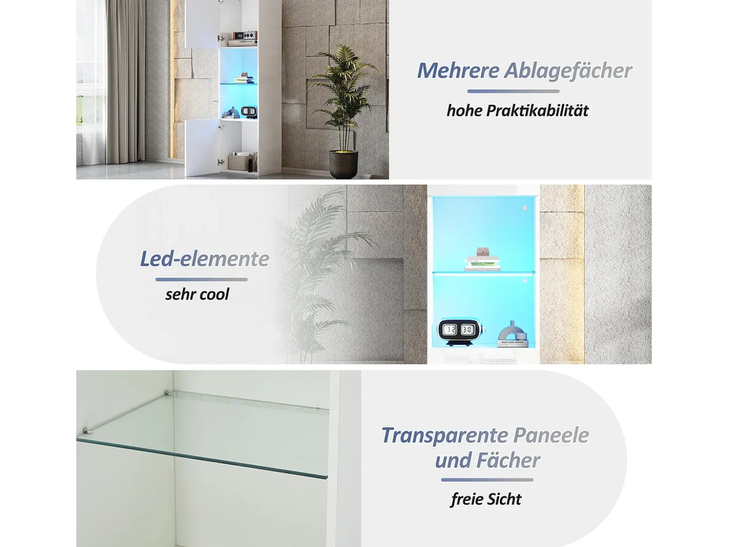 Vitrina blanca brillante con iluminación LED, estante de cristal, MDF, (45x35x160 cm)