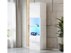 Vitrina blanca brillante con iluminación LED, estante de cristal, MDF, (45x35x160 cm)