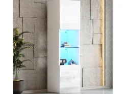 Vitrina blanca brillante con iluminación LED, estante de cristal, MDF, (45x35x160 cm)