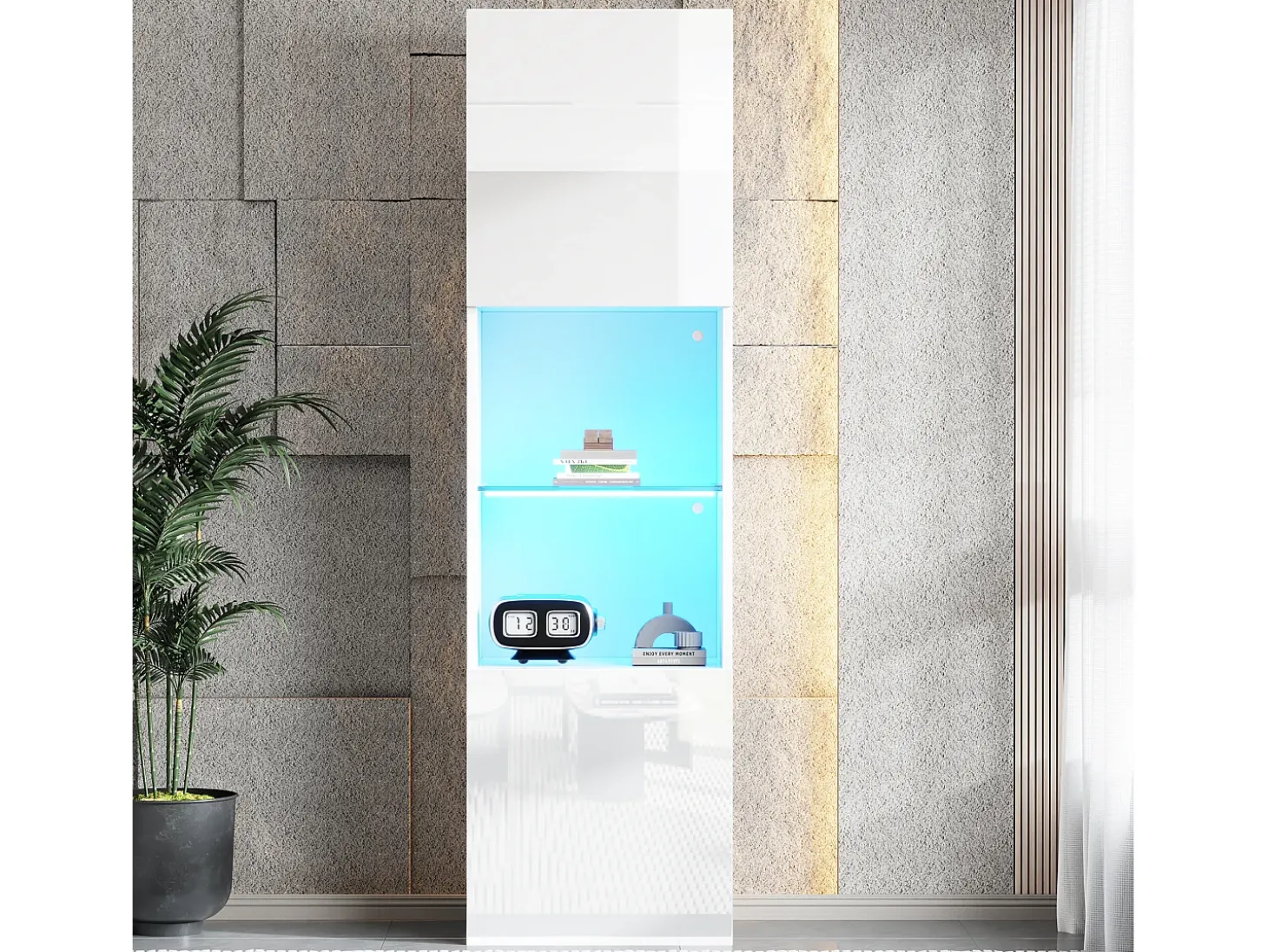 Vitrina blanca brillante con iluminación LED, estante de cristal, MDF, (45x35x160 cm)