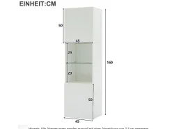 Vitrina blanca brillante con iluminación LED, estante de cristal, MDF, (45x35x160 cm)