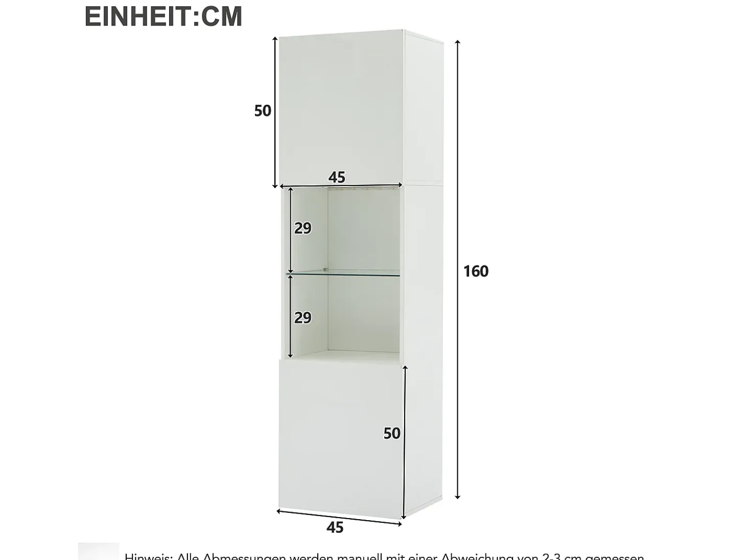Vitrina blanca brillante con iluminación LED, estante de cristal, MDF, (45x35x160 cm)