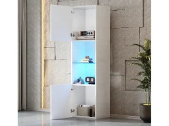 Vitrina blanca brillante con iluminación LED, estante de cristal, MDF, (45x35x160 cm)