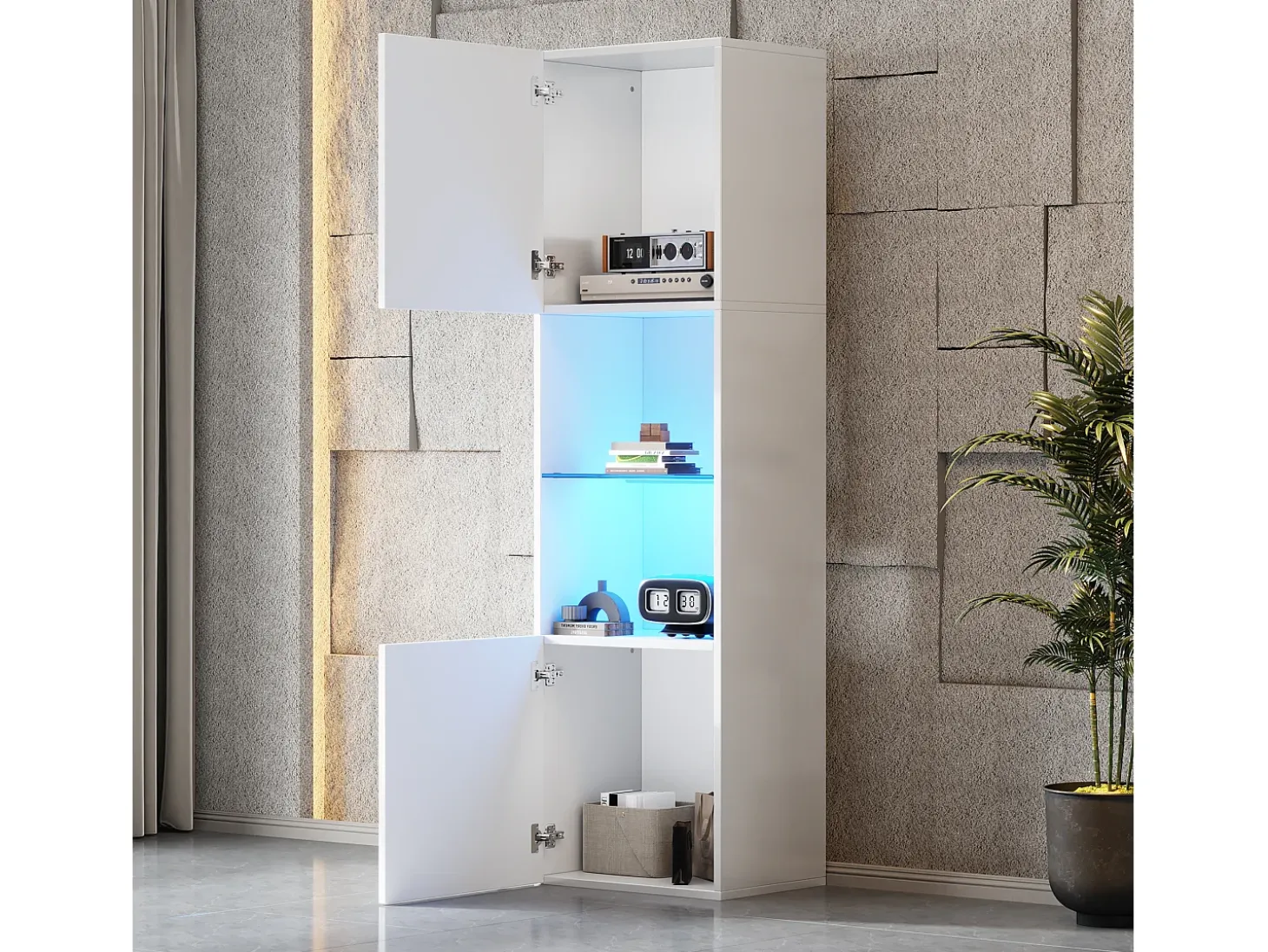 Vitrina blanca brillante con iluminación LED, estante de cristal, MDF, (45x35x160 cm)