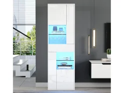 Vitrina blanca con 1 cajón, 4 puertas e iluminación LED, estantes de cristal, 55x38x170 cm