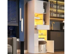 Vitrina blanca con 1 cajón, 4 puertas e iluminación LED, estantes de cristal, 55x38x170 cm