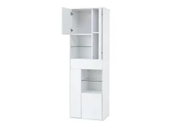 Vitrina blanca con 1 cajón, 4 puertas e iluminación LED, estantes de cristal, 55x38x170 cm