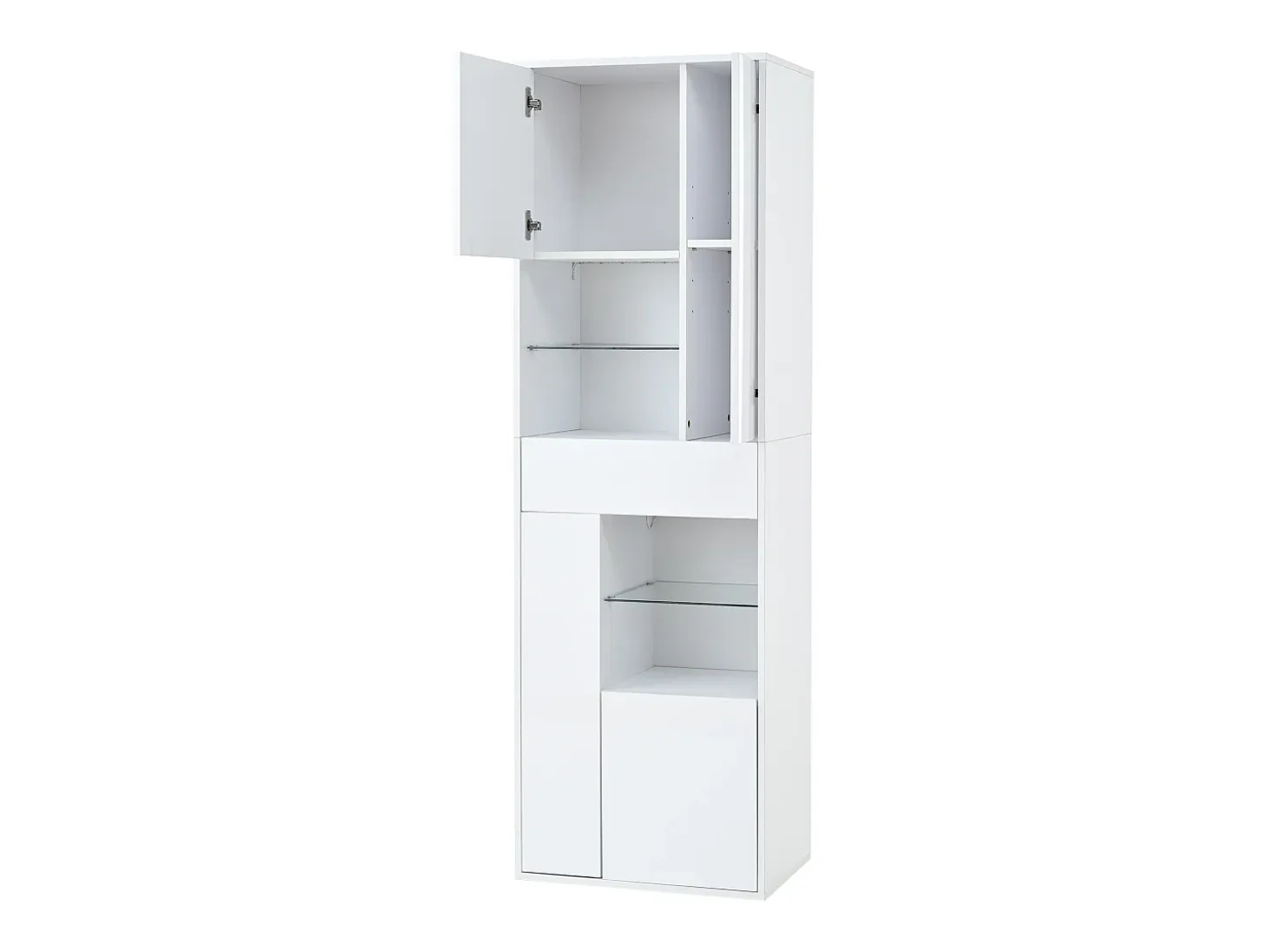 Vitrina blanca con 1 cajón, 4 puertas e iluminación LED, estantes de cristal, 55x38x170 cm