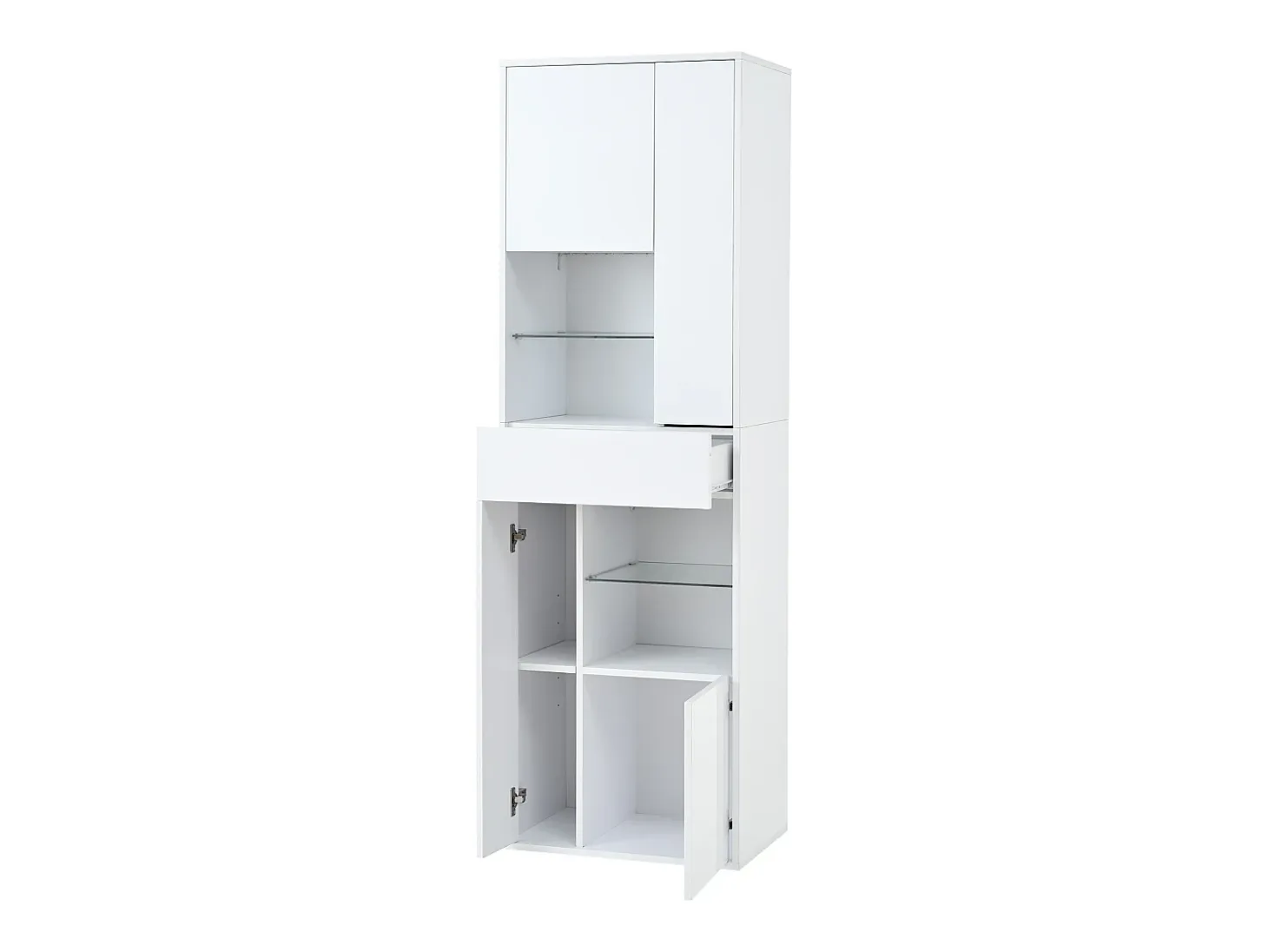 Vitrina blanca con 1 cajón, 4 puertas e iluminación LED, estantes de cristal, 55x38x170 cm