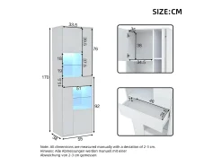Vitrina blanca con 1 cajón, 4 puertas e iluminación LED, estantes de cristal, 55x38x170 cm