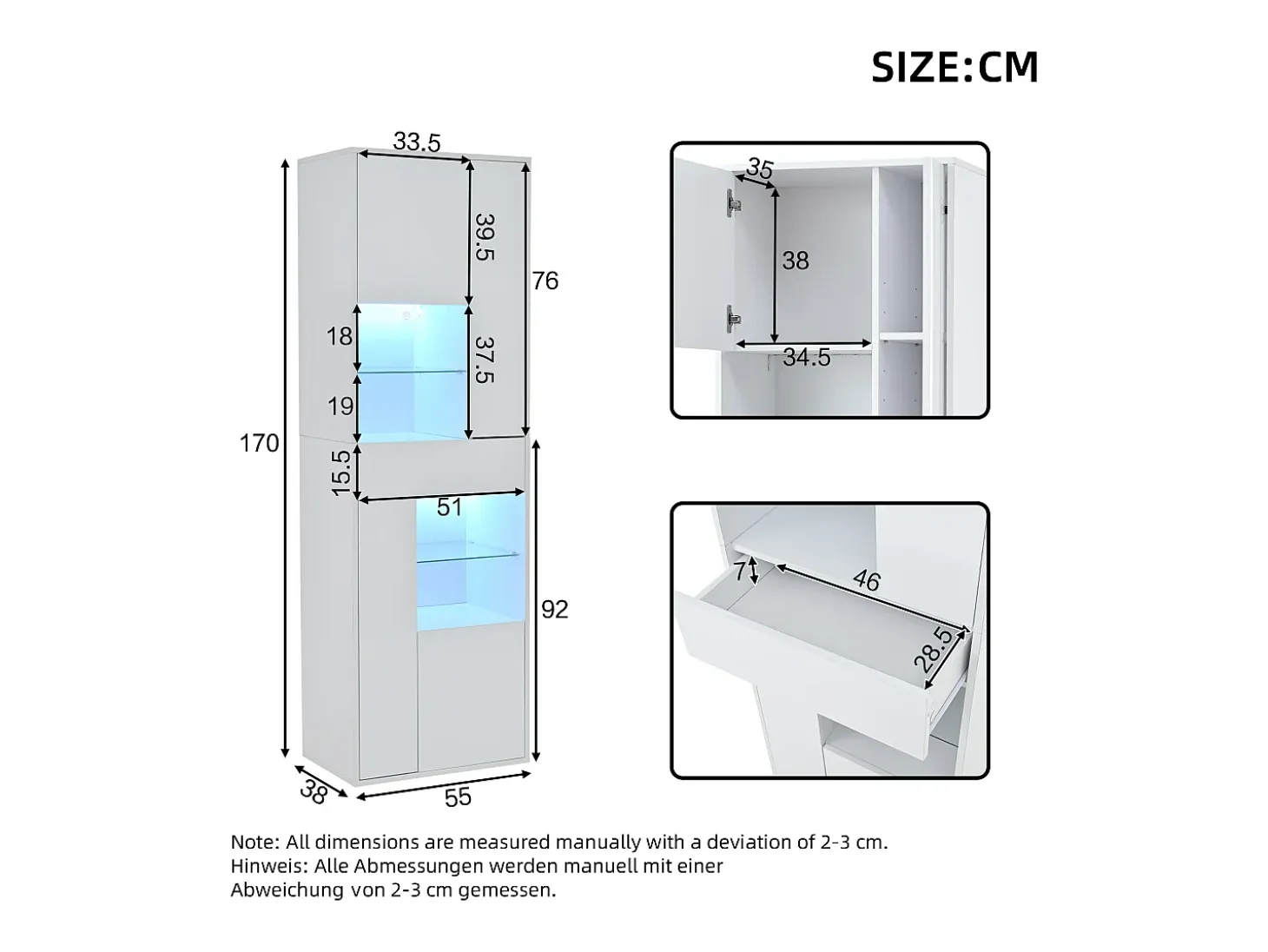 Vitrina blanca con 1 cajón, 4 puertas e iluminación LED, estantes de cristal, 55x38x170 cm