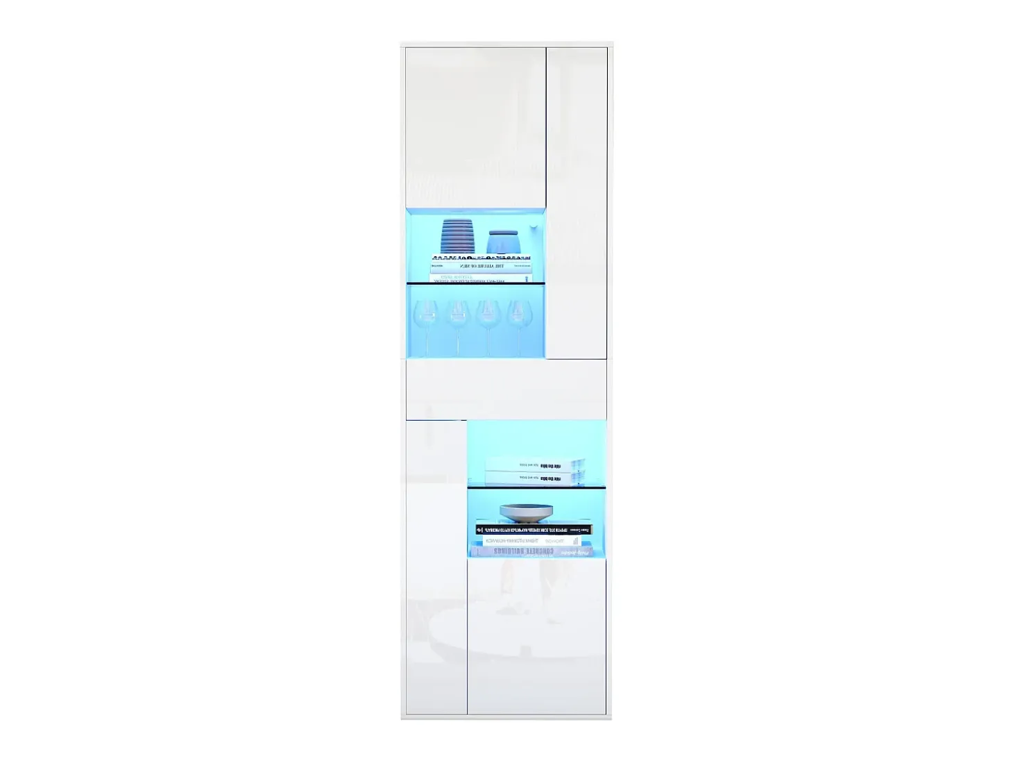 Vitrina blanca con 1 cajón, 4 puertas e iluminación LED, estantes de cristal, 55x38x170 cm