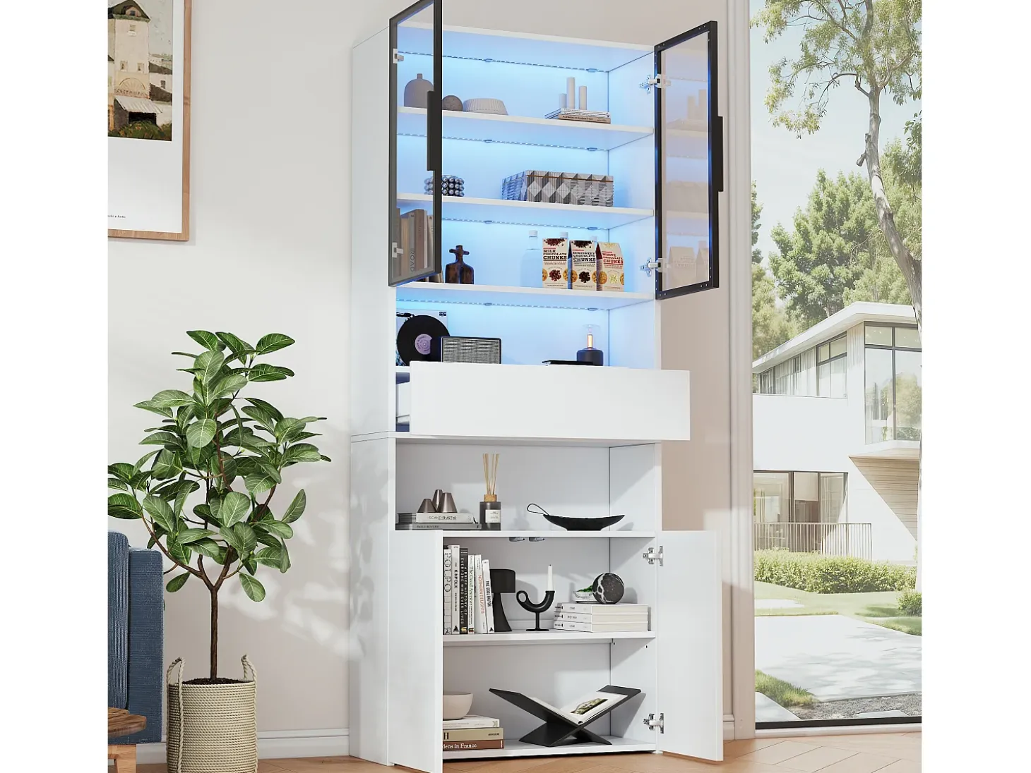 Vitrina blanca con 2 puertas, 2 puertas de cristal, cajón y luces LED, tablero aglomerado