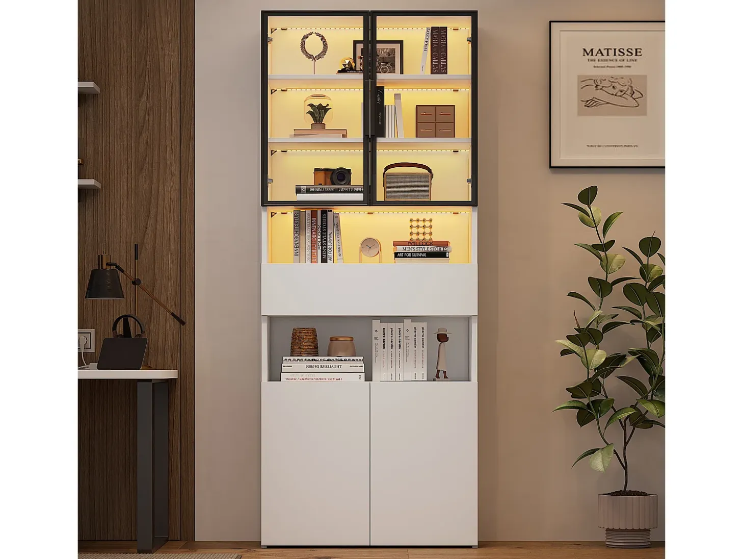 Vitrina blanca con 2 puertas, 2 puertas de cristal, cajón y luces LED, tablero aglomerado