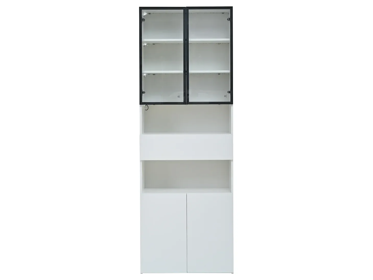 Vitrina blanca con 2 puertas, 2 puertas de cristal, cajón y luces LED, tablero aglomerado
