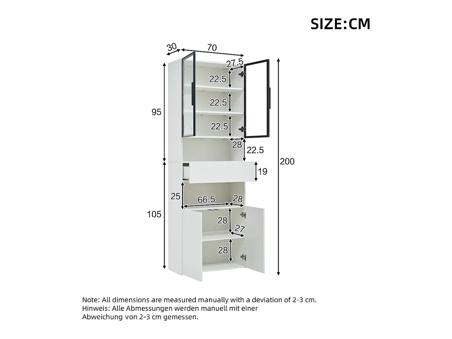 Vitrina blanca con 2 puertas, 2 puertas de cristal, cajón y luces LED, tablero aglomerado