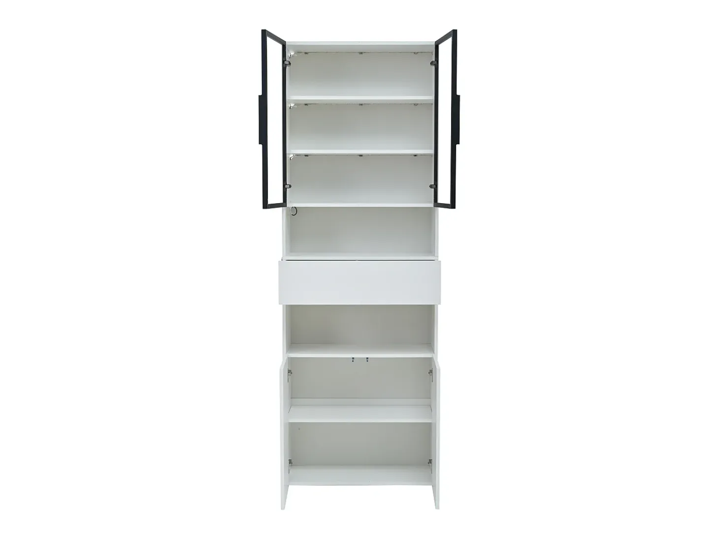 Vitrina blanca con 2 puertas, 2 puertas de cristal, cajón y luces LED, tablero aglomerado