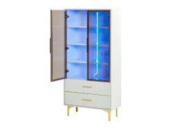 Vitrina blanca con 2 puertas de cristal marrón y 2 cajones, LED incluido - 70x35x150cm