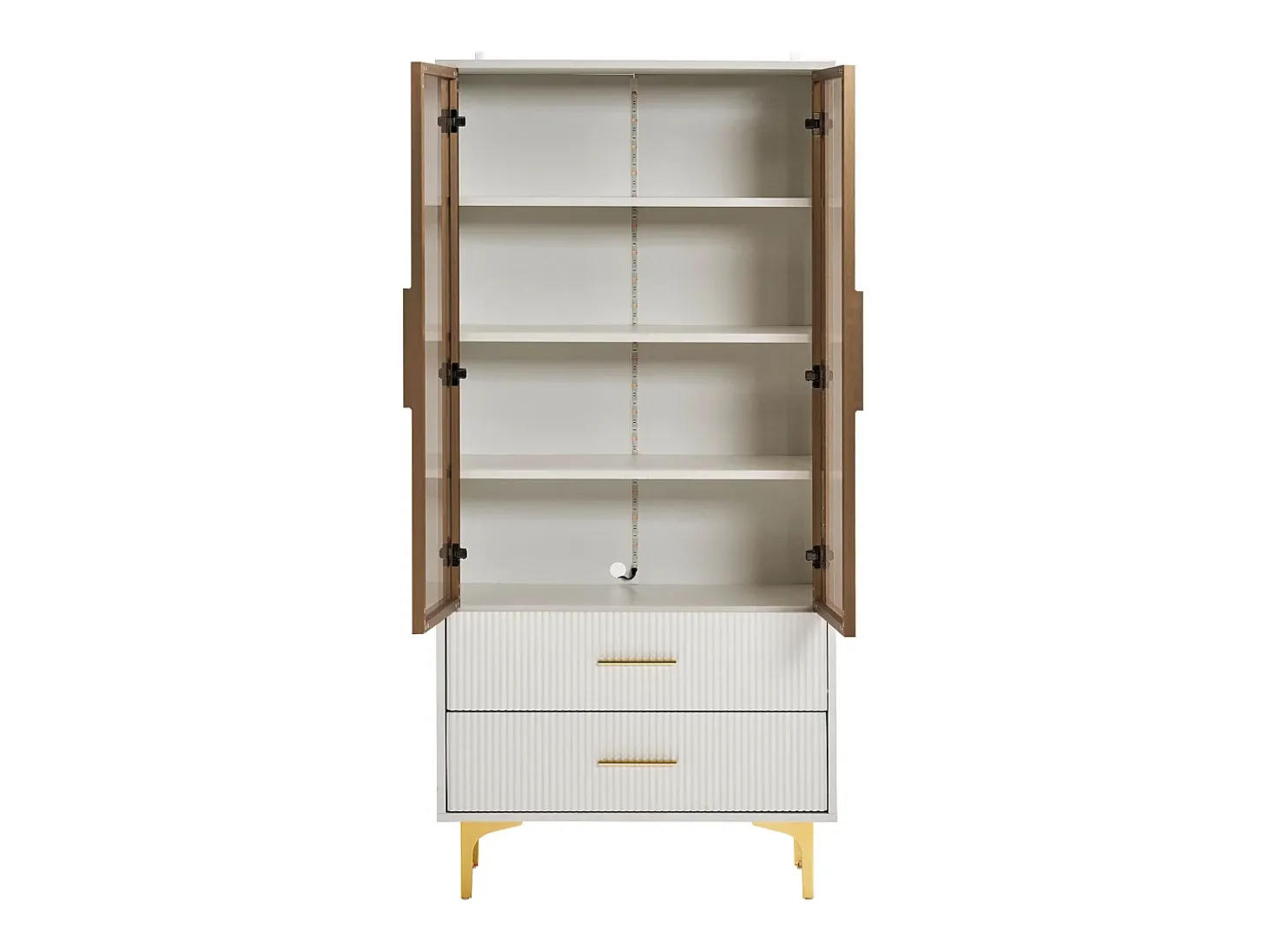 Vitrina blanca con 2 puertas de cristal marrón y 2 cajones, LED incluido - 70x35x150cm