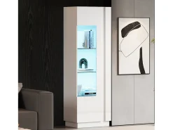 Vitrina blanca con 1 puerta de acrílico, estantes de almacenamiento y luz LED