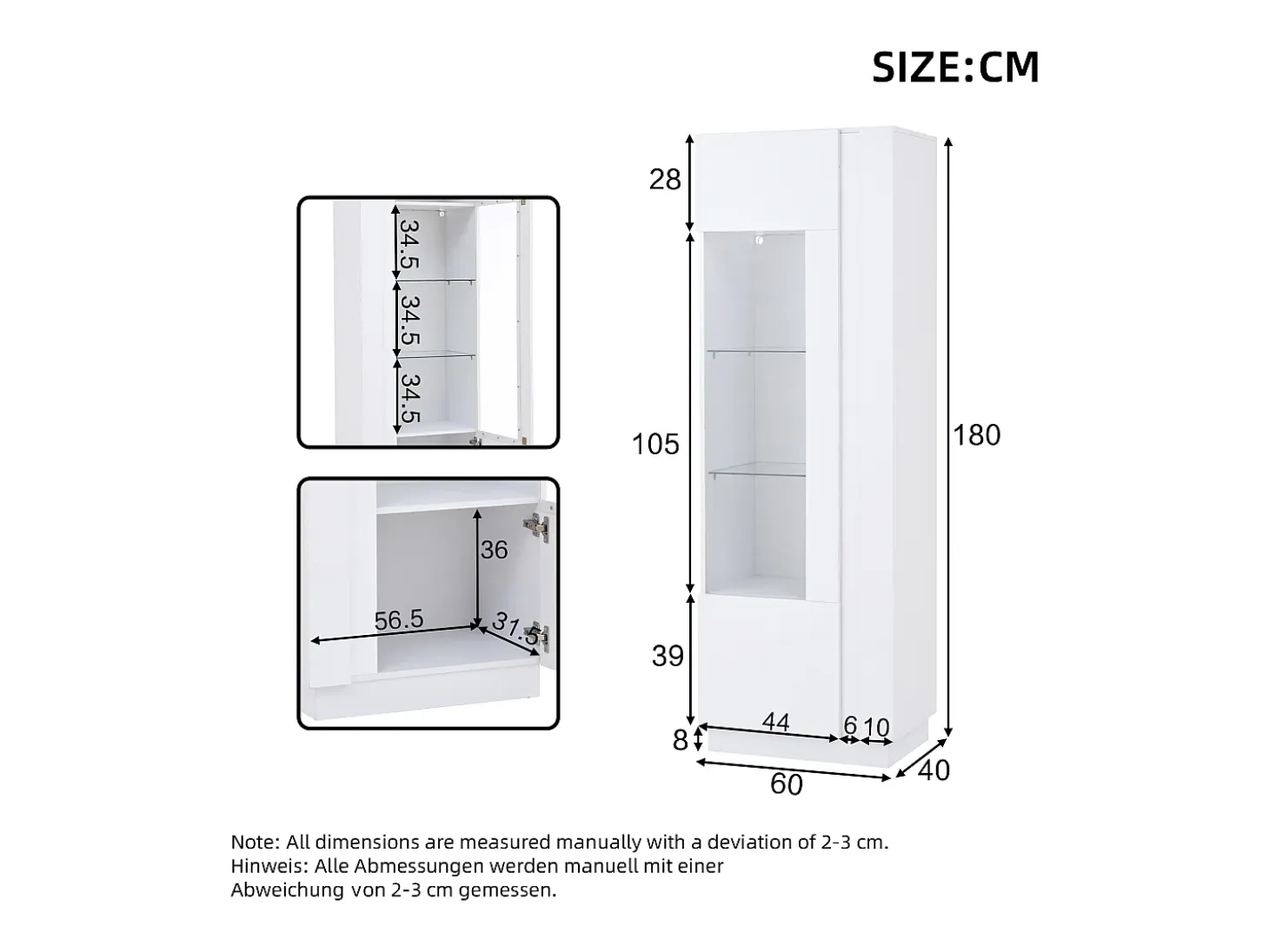 Vitrina blanca con 1 puerta de acrílico, estantes de almacenamiento y luz LED