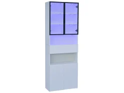 Vitrina blanca con iluminación LED - Vitrina con 2 puertas de cristal y 2 puertas de madera - 1 cajón y almacenaje abierto