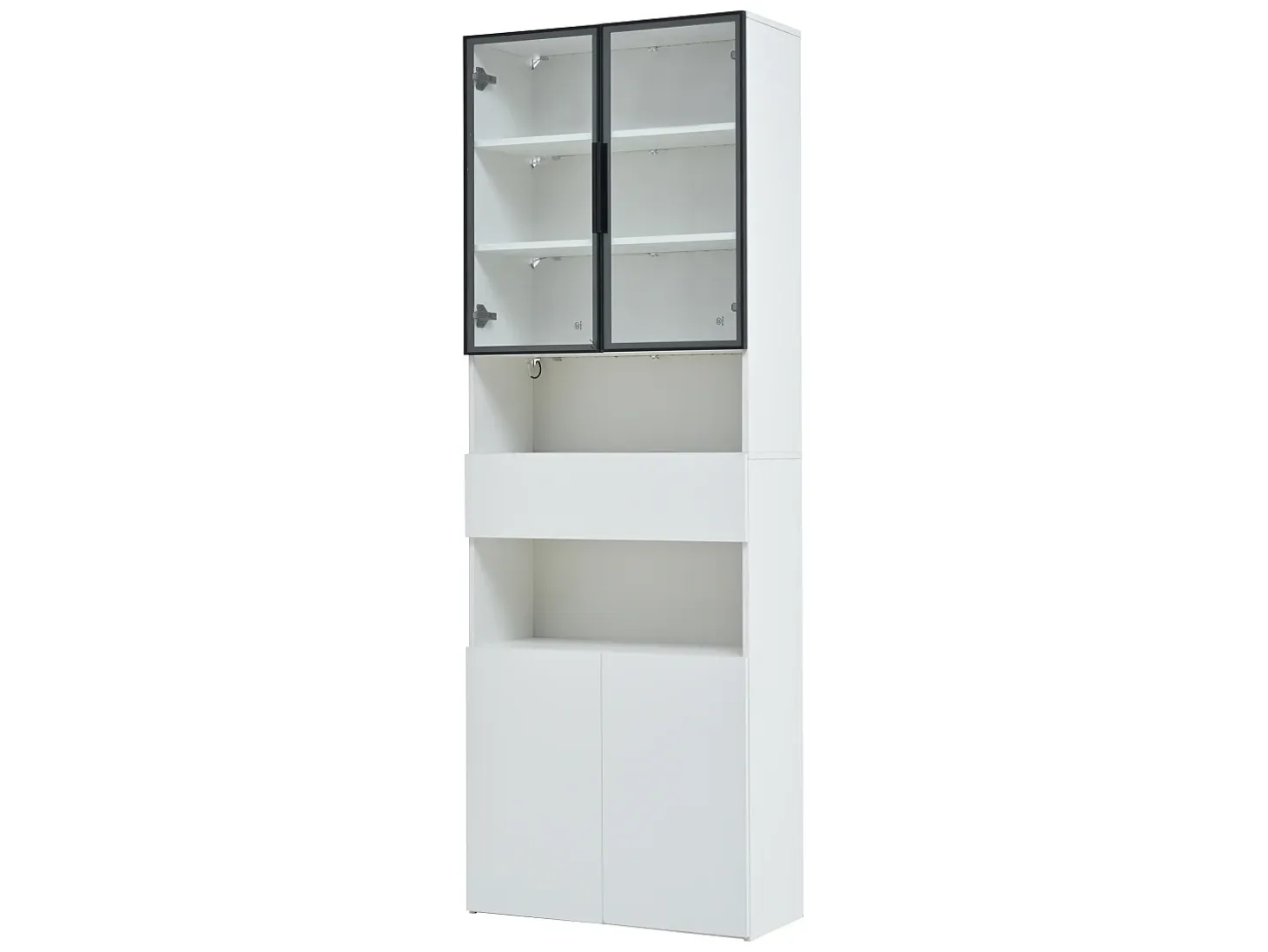 Vitrina blanca con iluminación LED - Vitrina con 2 puertas de cristal y 2 puertas de madera - 1 cajón y almacenaje abierto