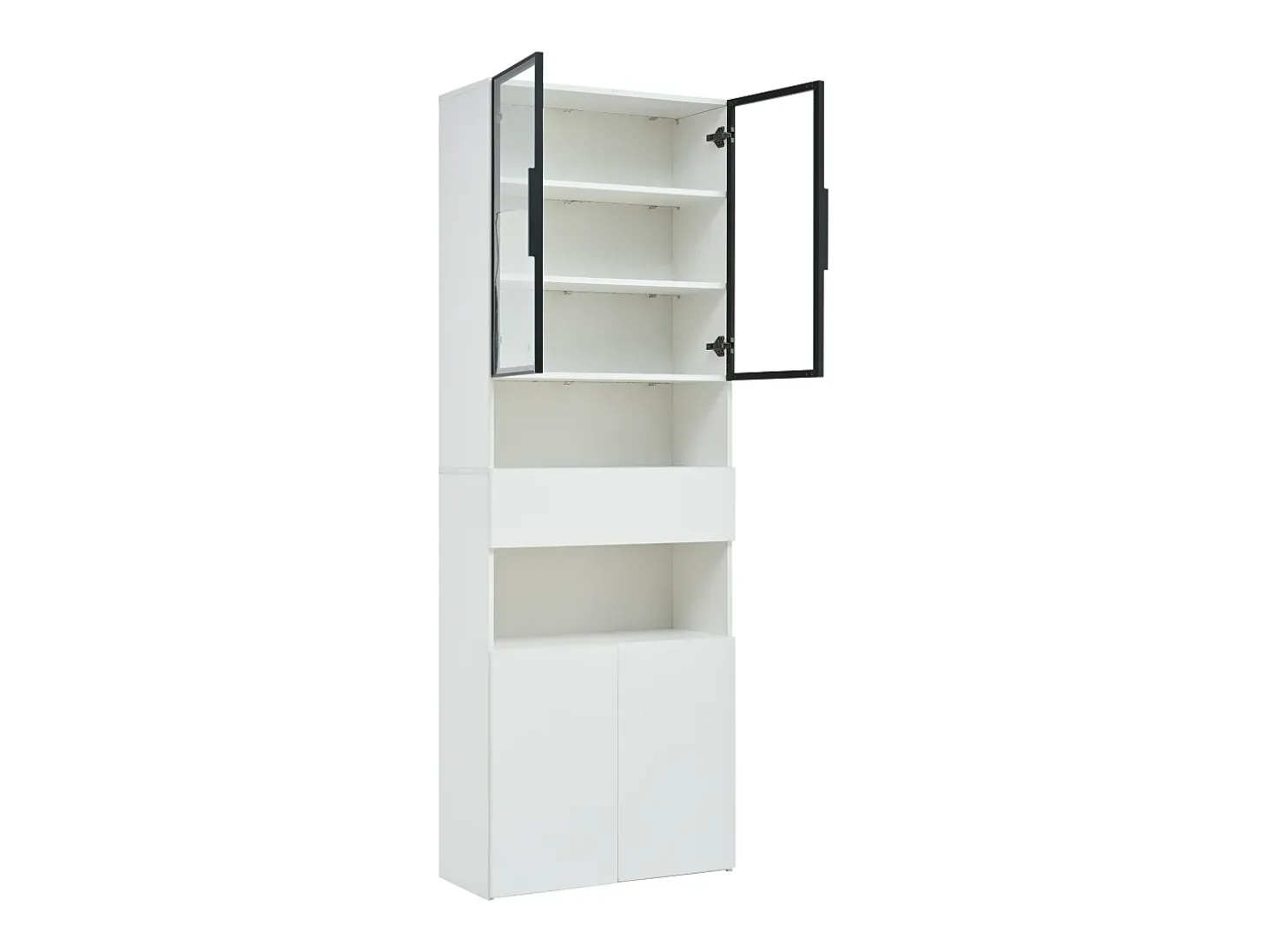 Vitrina blanca con iluminación LED - Vitrina con 2 puertas de cristal y 2 puertas de madera - 1 cajón y almacenaje abierto