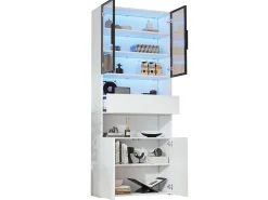 Vitrina blanca con iluminación LED - Vitrina con 2 puertas de cristal y 2 puertas de madera - 1 cajón y almacenaje abierto