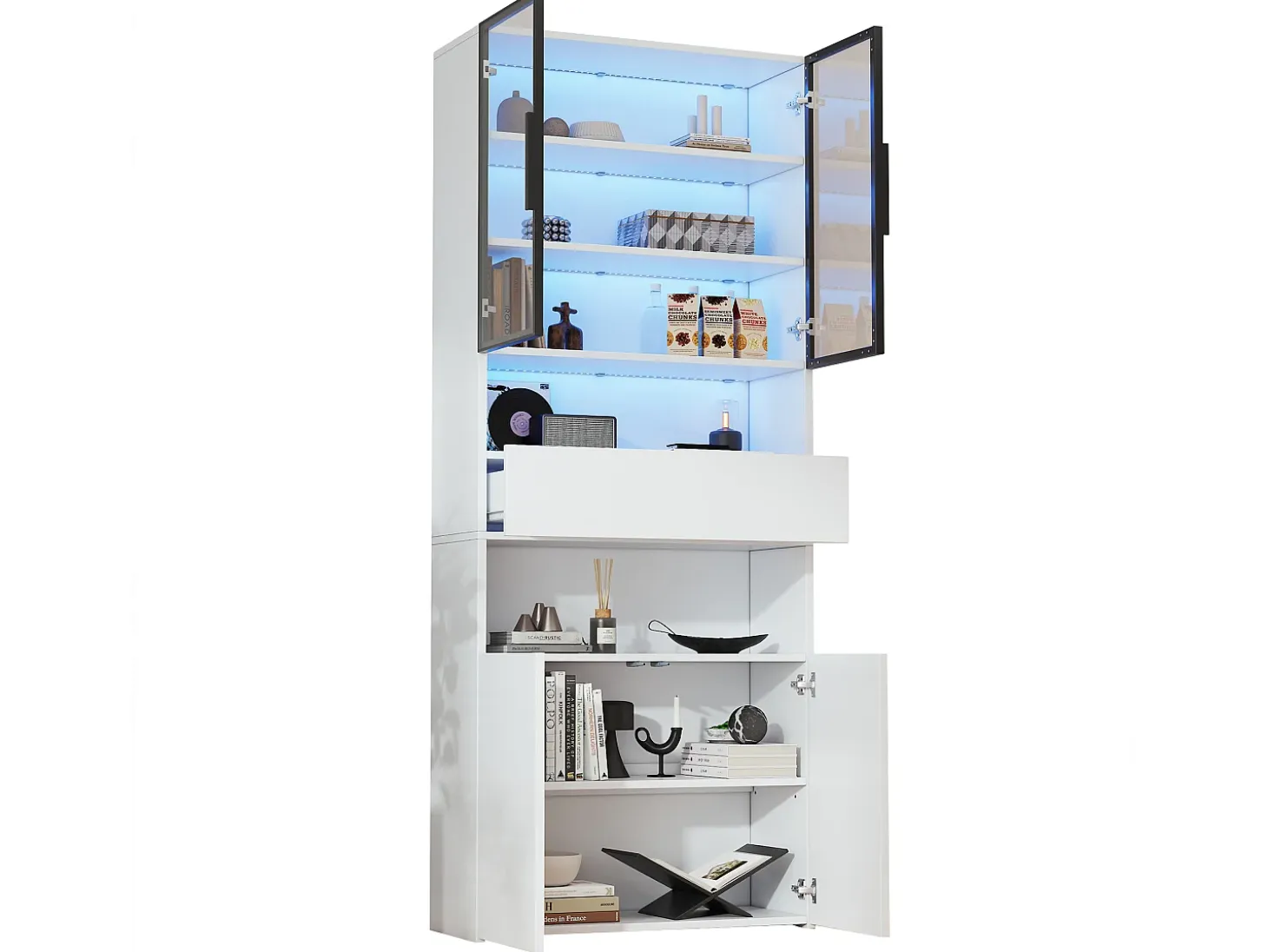 Vitrina blanca con iluminación LED - Vitrina con 2 puertas de cristal y 2 puertas de madera - 1 cajón y almacenaje abierto