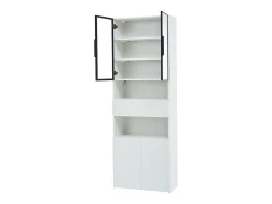Vitrina blanca con iluminación LED - Vitrina con 2 puertas de cristal y 2 puertas de madera - 1 cajón y almacenaje abierto
