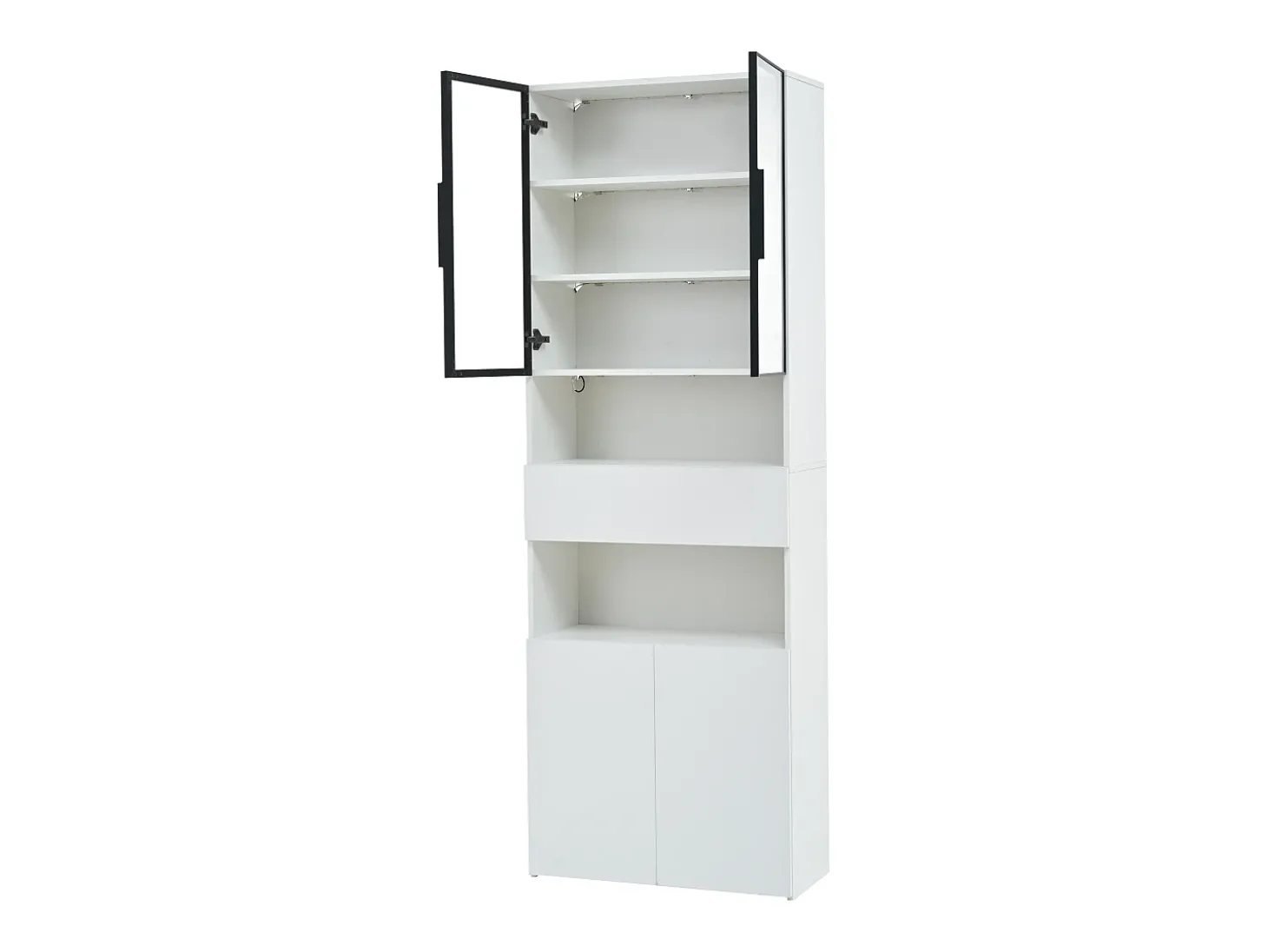 Vitrina blanca con iluminación LED - Vitrina con 2 puertas de cristal y 2 puertas de madera - 1 cajón y almacenaje abierto