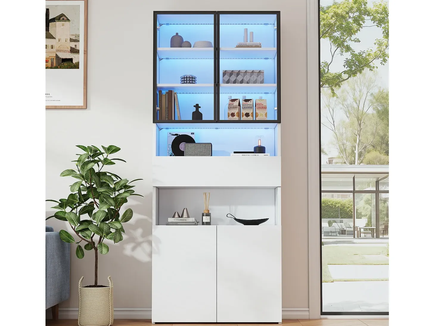 Vitrina blanca con iluminación LED - Vitrina con 2 puertas de cristal y 2 puertas de madera - 1 cajón y almacenaje abierto