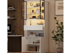 Vitrina blanca con iluminación LED - Vitrina con 2 puertas de cristal y 2 puertas de madera - 1 cajón y almacenaje abierto