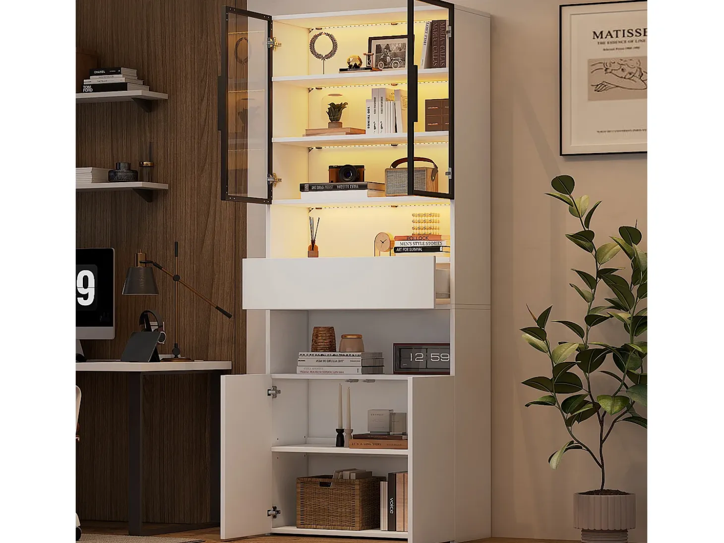 Vitrina blanca con iluminación LED - Vitrina con 2 puertas de cristal y 2 puertas de madera - 1 cajón y almacenaje abierto
