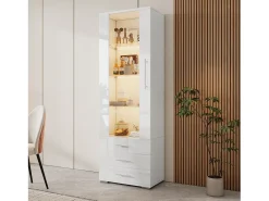 Vitrina blanca con iluminación LED, 60x35x180 cm, 3 cajones, estilo moderno, para salón y oficina