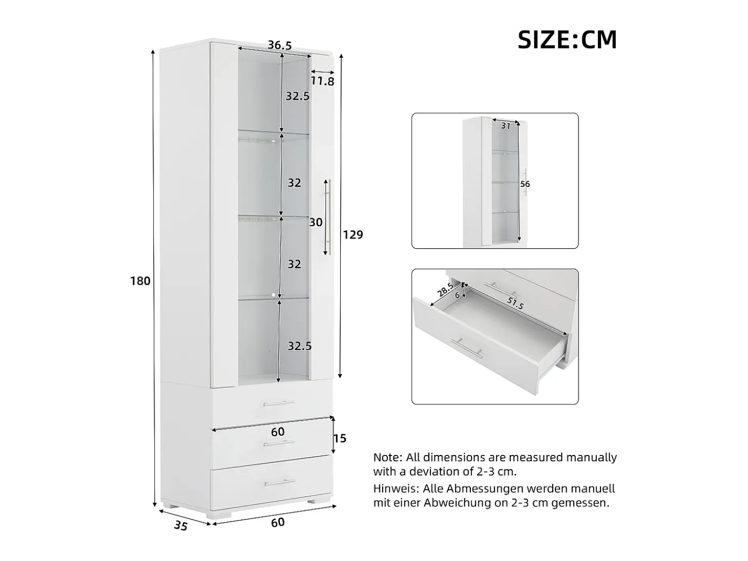 Vitrina blanca con iluminación LED, 60x35x180 cm, 3 cajones, estilo moderno, para salón y oficina