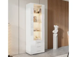 Vitrina blanca con iluminación LED, 60x35x180 cm, 3 cajones, estilo moderno, para salón y oficina